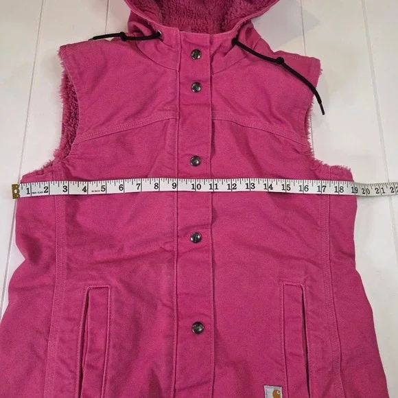 Carhartt Women's XS Sandstone Berkley Tulip Pink Sherpa Lined Hooded Canvas Vest - Picture 8 of 12